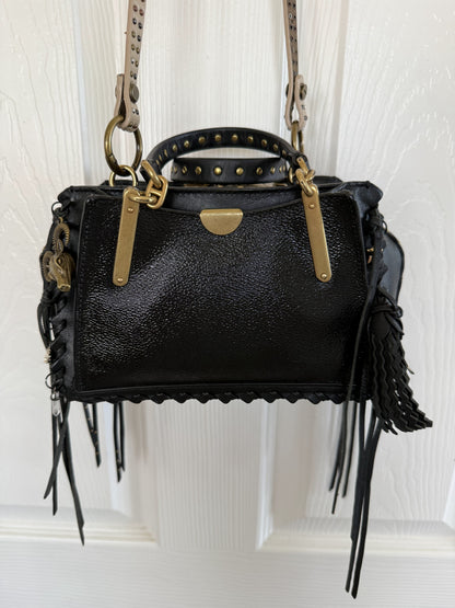 Upcrafted Coach Dreamer Satchel – Black Leather with Whipstitch, Leather Tassels & Charms