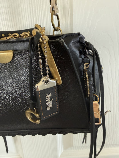 Upcrafted Coach Dreamer Satchel – Black Leather with Whipstitch, Leather Tassels & Charms