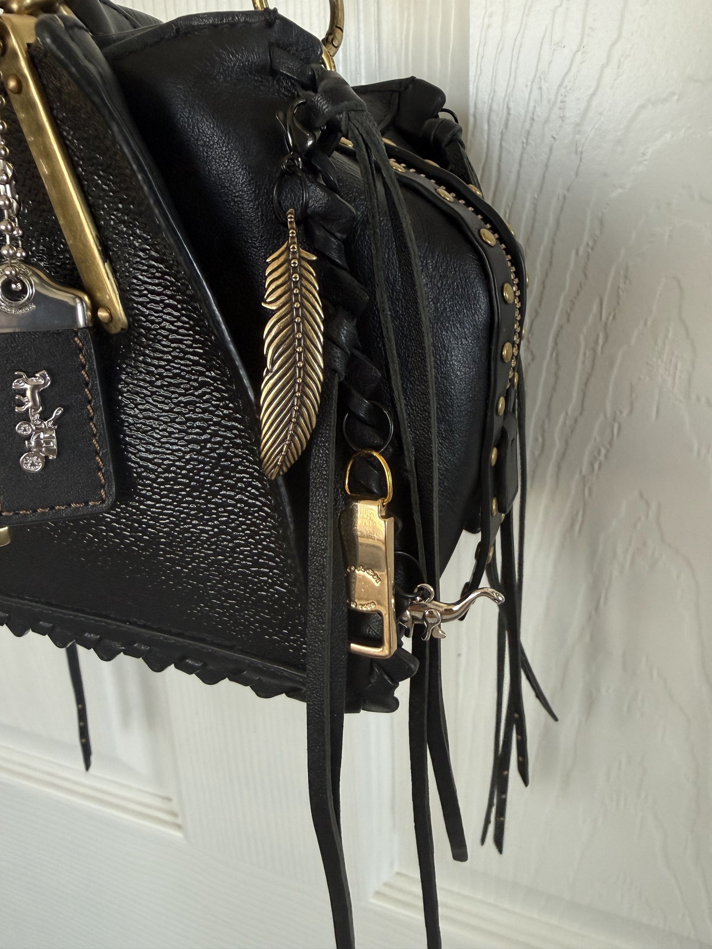 Upcrafted Coach Dreamer Satchel – Black Leather with Whipstitch, Leather Tassels & Charms