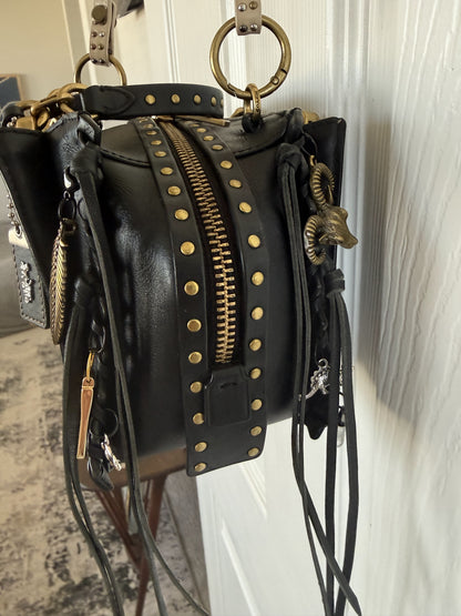 Upcrafted Coach Dreamer Satchel – Black Leather with Whipstitch, Leather Tassels & Charms
