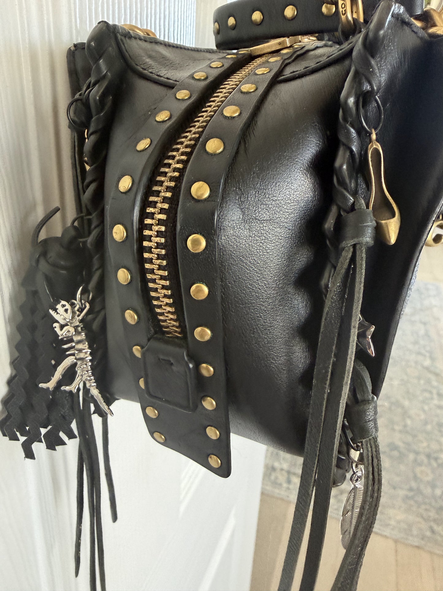 Upcrafted Coach Dreamer Satchel – Black Leather with Whipstitch, Leather Tassels & Charms