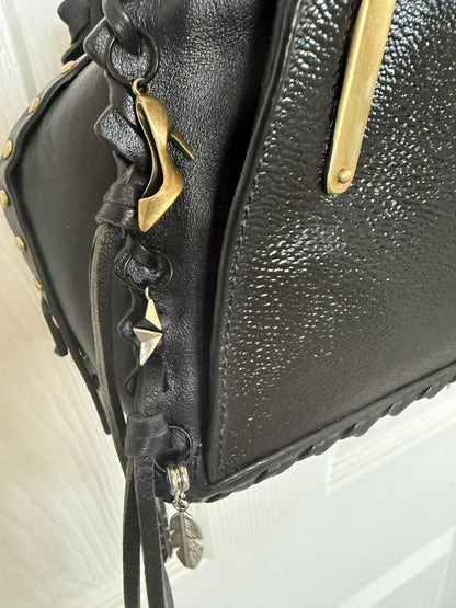 Upcrafted Coach Dreamer Satchel – Black Leather with Whipstitch, Leather Tassels & Charms