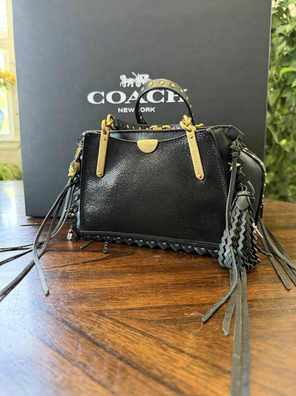 Upcrafted Coach Dreamer Satchel – Black Leather with Whipstitch, Leather Tassels & Charms