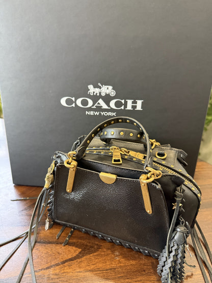 Upcrafted Coach Dreamer Satchel – Black Leather with Whipstitch, Leather Tassels & Charms