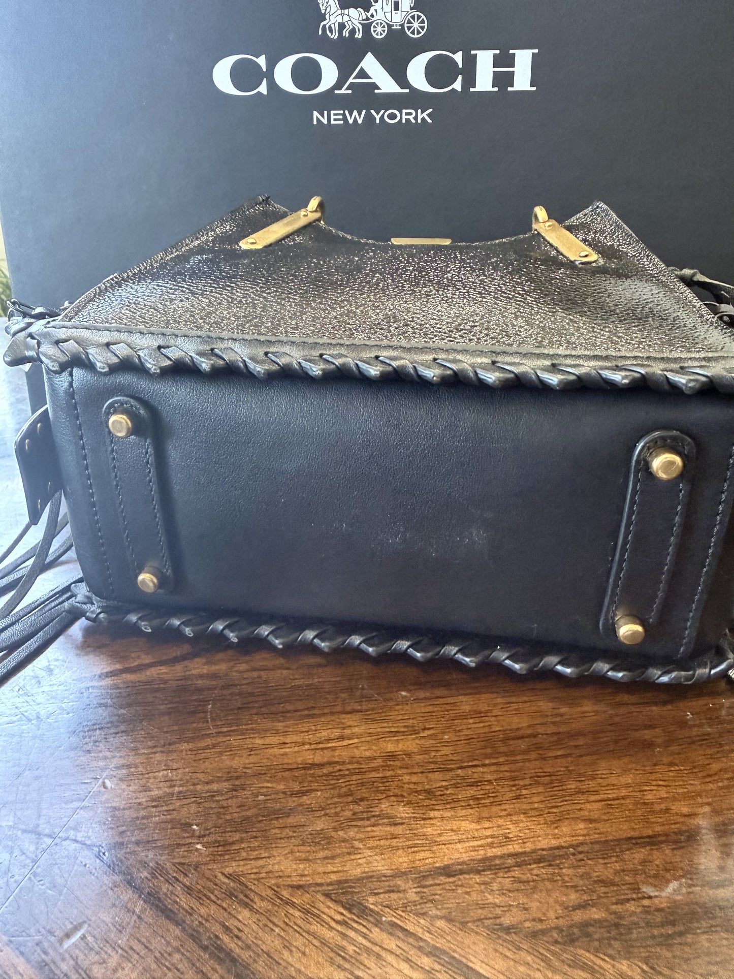 Upcrafted Coach Dreamer Satchel – Black Leather with Whipstitch, Leather Tassels & Charms