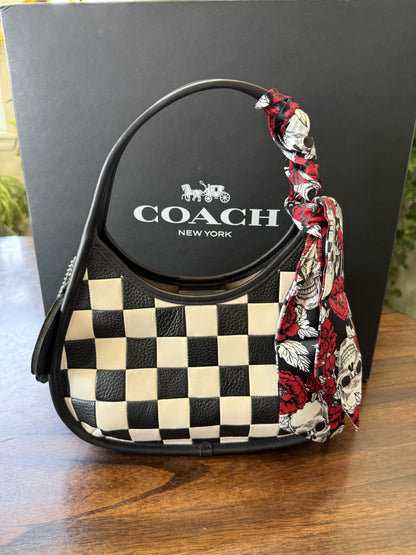 Coachtopia Checkerboard Ergo Bag – Black & White with Skull & Roses Twilly + upcrafted KMM Skull Charm