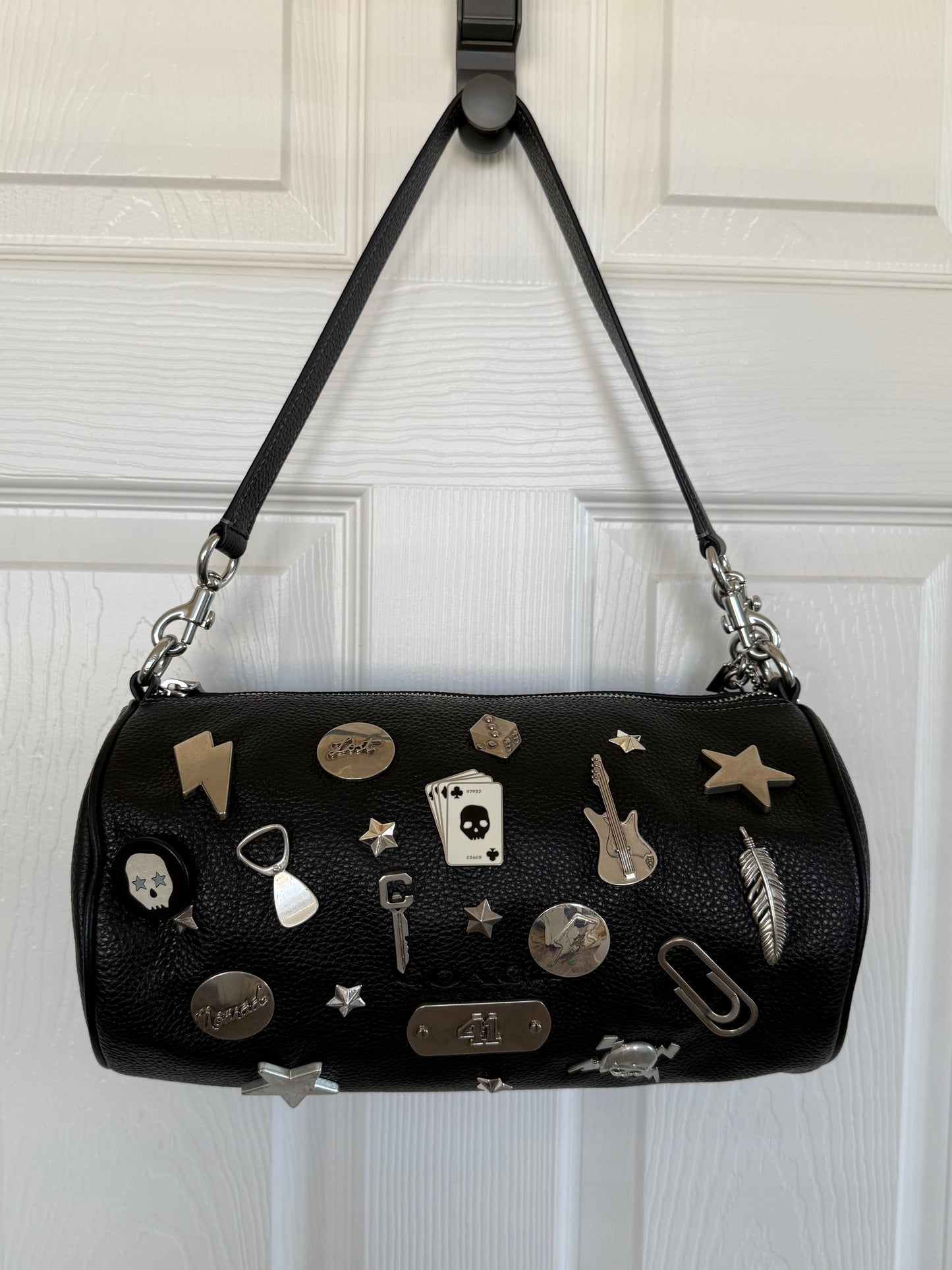 One-of-a-Kind Upcrafted Coach Andre 30 – Black Pebbled Leather with 2016-era Coach Moto Pins, Runway Envelope Charm, & Coach C-Link Charm