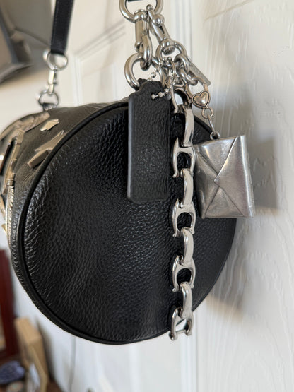 One-of-a-Kind Upcrafted Coach Andre 30 – Black Pebbled Leather with 2016-era Coach Moto Pins, Runway Envelope Charm, & Coach C-Link Charm