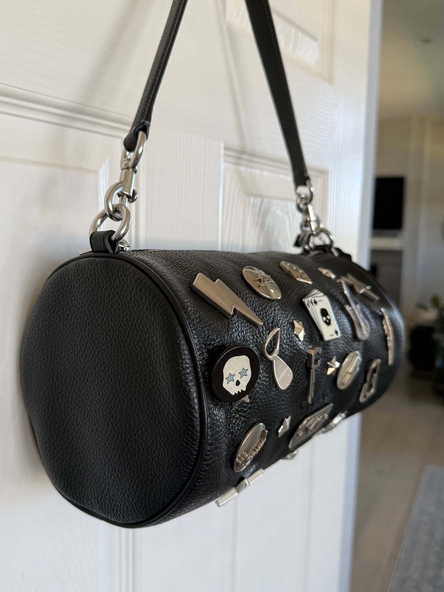 One-of-a-Kind Upcrafted Coach Andre 30 – Black Pebbled Leather with 2016-era Coach Moto Pins, Runway Envelope Charm, & Coach C-Link Charm