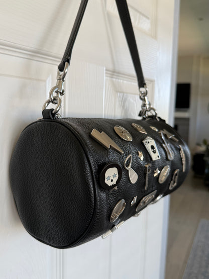 One-of-a-Kind Upcrafted Coach Andre 30 – Black Pebbled Leather with 2016-era Coach Moto Pins, Runway Envelope Charm, & Coach C-Link Charm