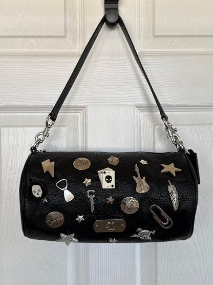 One-of-a-Kind Upcrafted Coach Andre 30 – Black Pebbled Leather with 2016-era Coach Moto Pins, Runway Envelope Charm, & Coach C-Link Charm