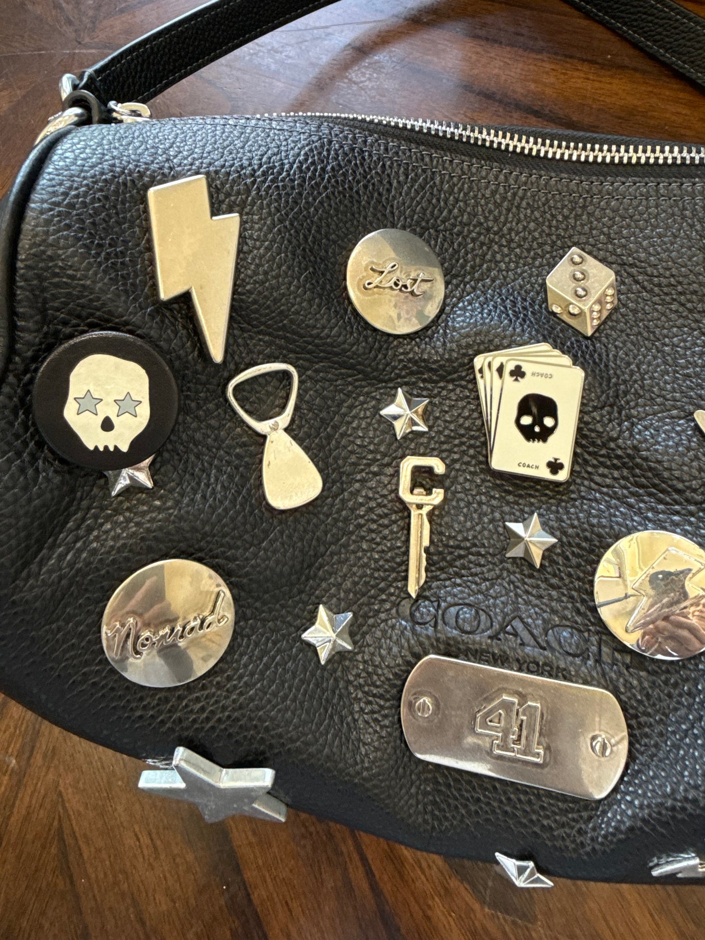 One-of-a-Kind Upcrafted Coach Andre 30 – Black Pebbled Leather with 2016-era Coach Moto Pins, Runway Envelope Charm, & Coach C-Link Charm