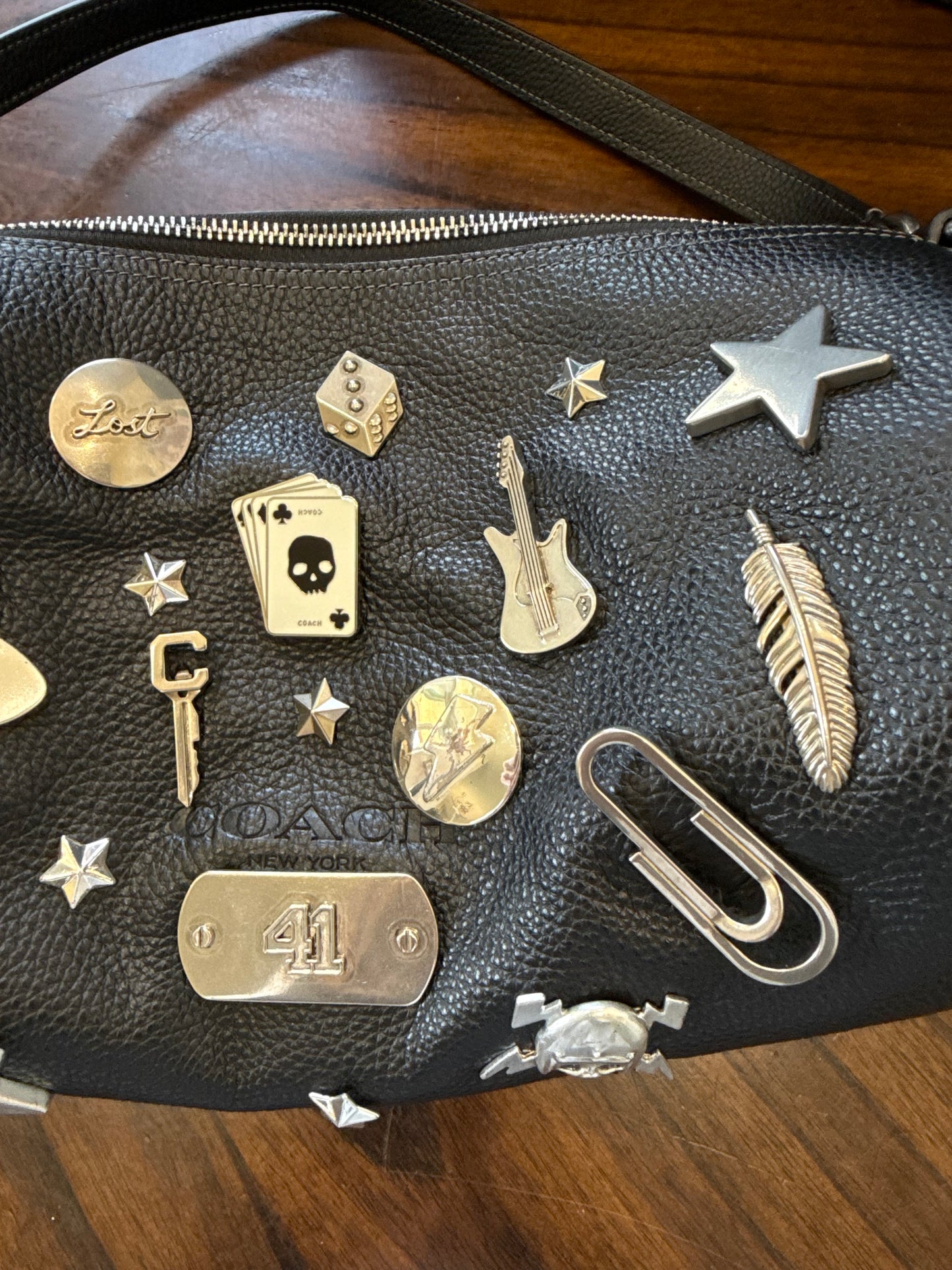 One-of-a-Kind Upcrafted Coach Andre 30 – Black Pebbled Leather with 2016-era Coach Moto Pins, Runway Envelope Charm, & Coach C-Link Charm