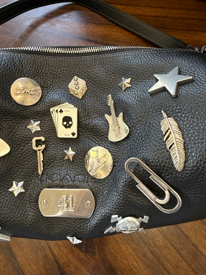 One-of-a-Kind Upcrafted Coach Andre 30 – Black Pebbled Leather with 2016-era Coach Moto Pins, Runway Envelope Charm, & Coach C-Link Charm