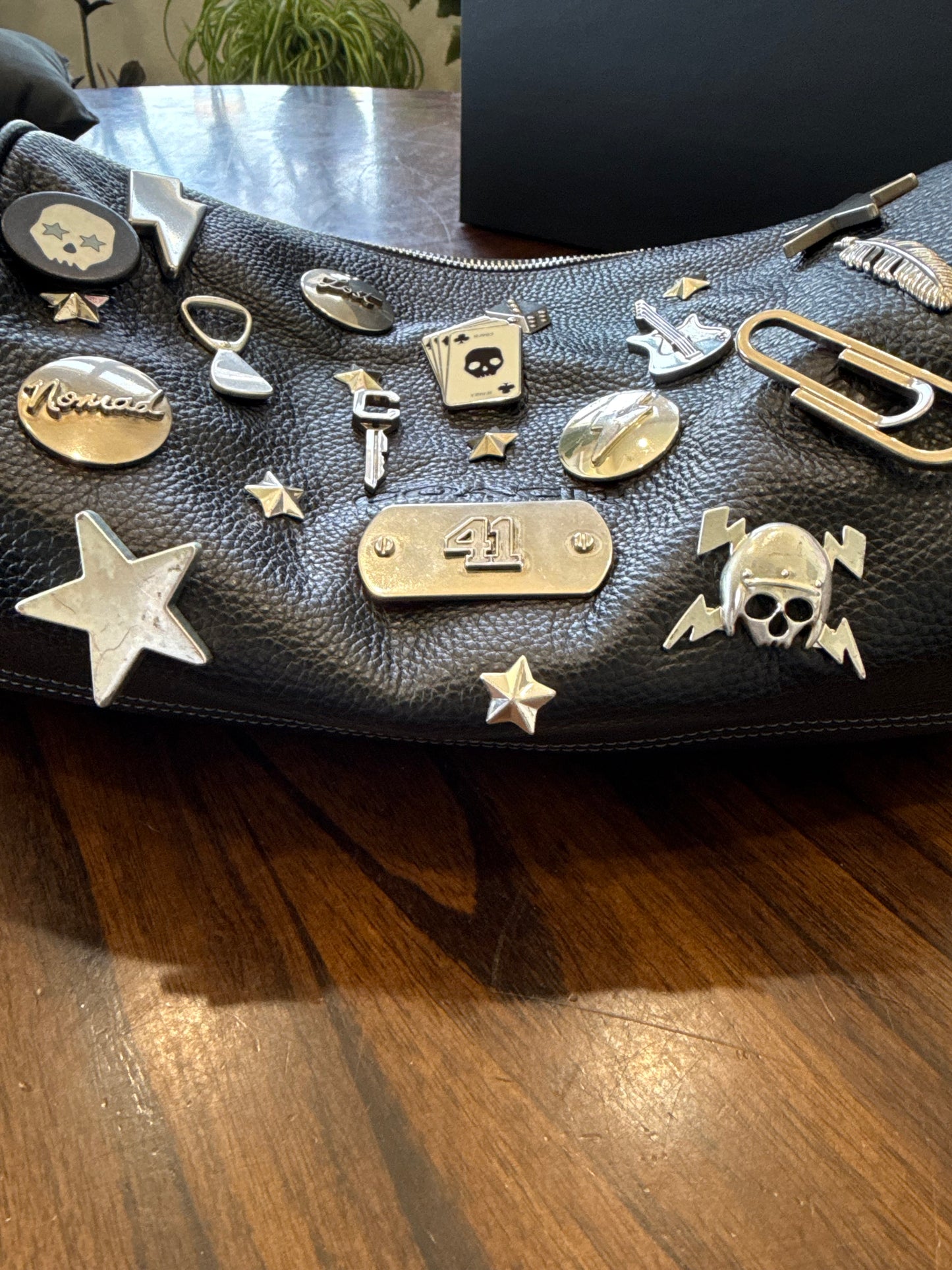 One-of-a-Kind Upcrafted Coach Andre 30 – Black Pebbled Leather with 2016-era Coach Moto Pins, Runway Envelope Charm, & Coach C-Link Charm
