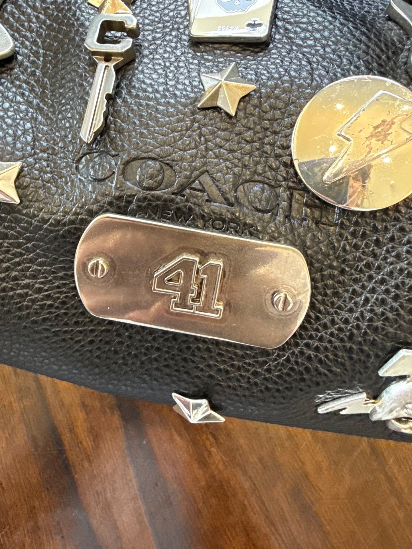 One-of-a-Kind Upcrafted Coach Andre 30 – Black Pebbled Leather with 2016-era Coach Moto Pins, Runway Envelope Charm, & Coach C-Link Charm