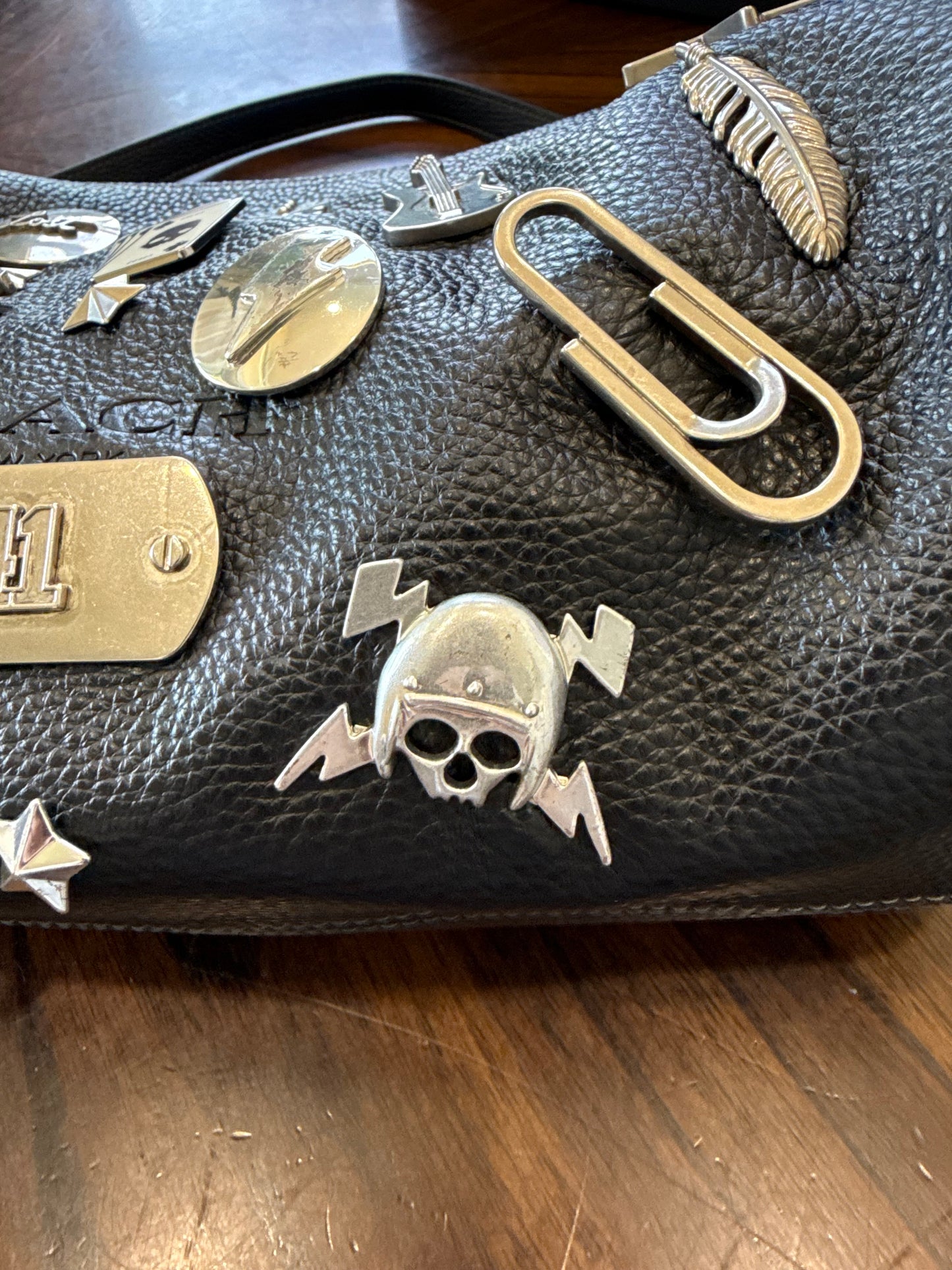 One-of-a-Kind Upcrafted Coach Andre 30 – Black Pebbled Leather with 2016-era Coach Moto Pins, Runway Envelope Charm, & Coach C-Link Charm