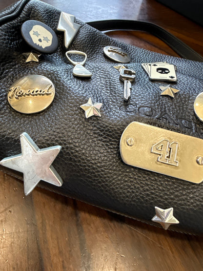 One-of-a-Kind Upcrafted Coach Andre 30 – Black Pebbled Leather with 2016-era Coach Moto Pins, Runway Envelope Charm, & Coach C-Link Charm
