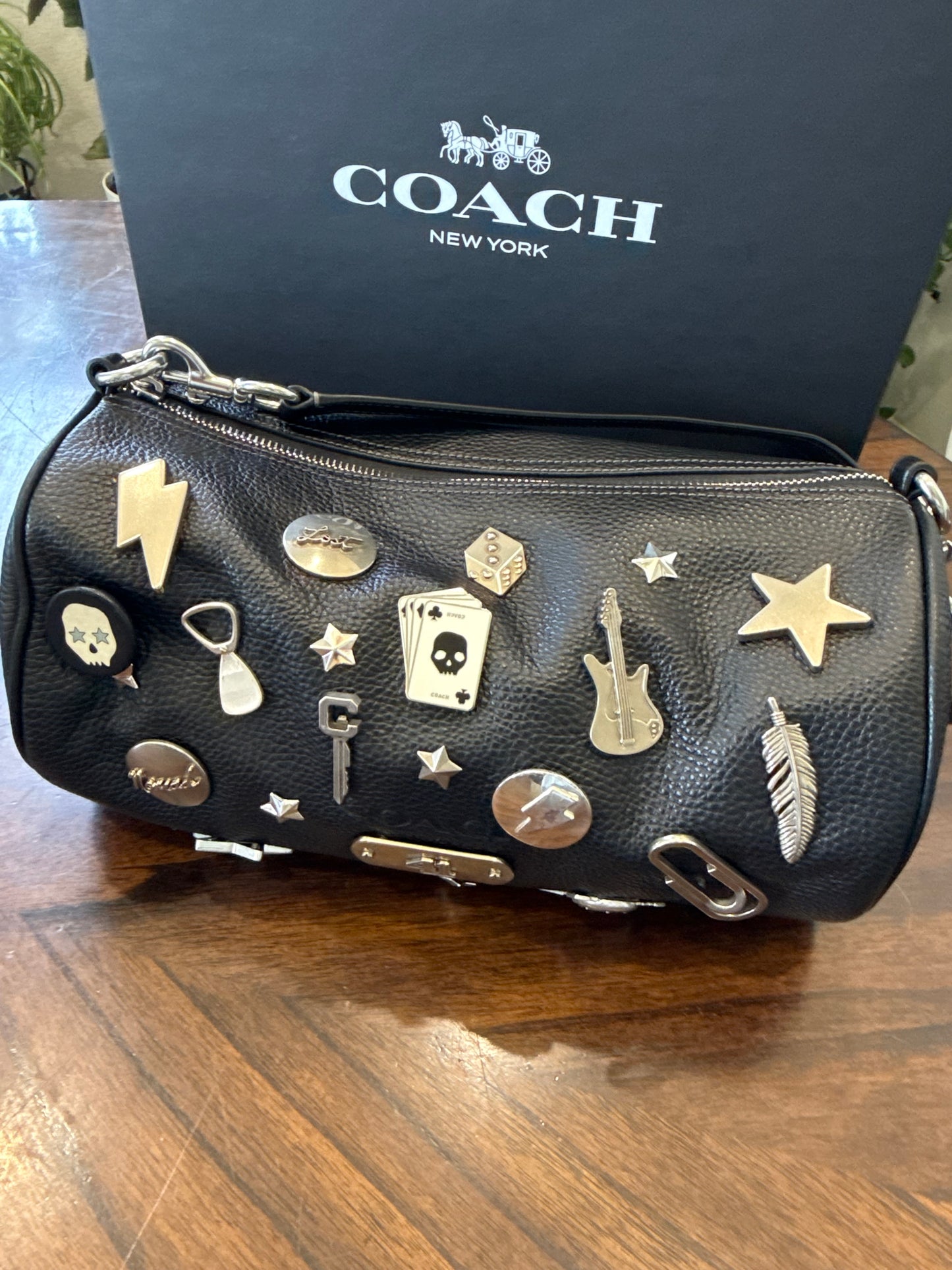 One-of-a-Kind Upcrafted Coach Andre 30 – Black Pebbled Leather with 2016-era Coach Moto Pins, Runway Envelope Charm, & Coach C-Link Charm