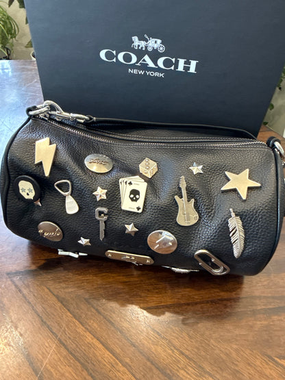 One-of-a-Kind Upcrafted Coach Andre 30 – Black Pebbled Leather with 2016-era Coach Moto Pins, Runway Envelope Charm, & Coach C-Link Charm