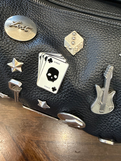 One-of-a-Kind Upcrafted Coach Andre 30 – Black Pebbled Leather with 2016-era Coach Moto Pins, Runway Envelope Charm, & Coach C-Link Charm