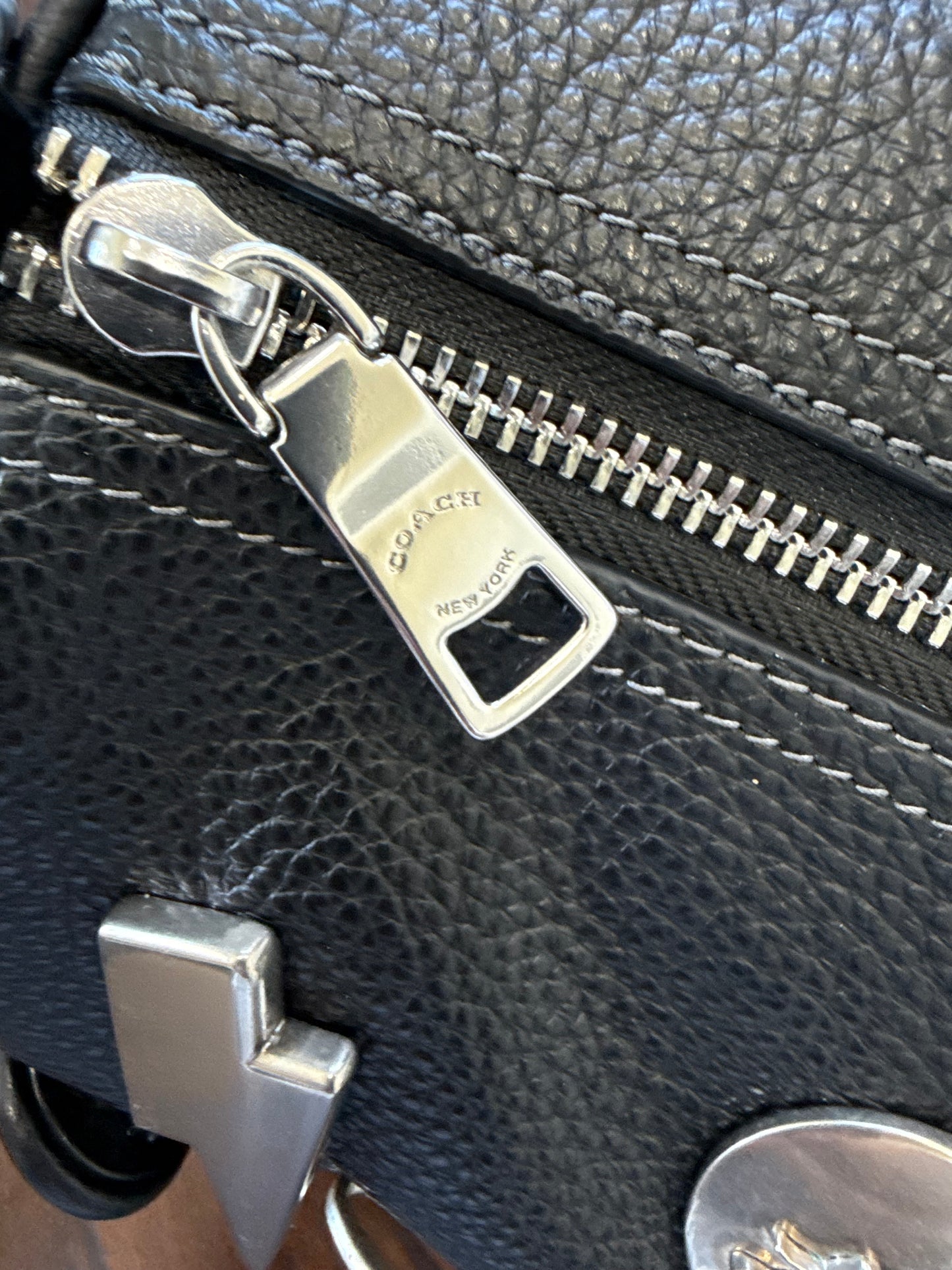 One-of-a-Kind Upcrafted Coach Andre 30 – Black Pebbled Leather with 2016-era Coach Moto Pins, Runway Envelope Charm, & Coach C-Link Charm