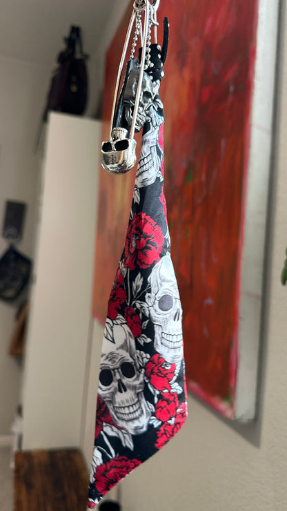 Skull Tag, Silky Twilly Charm, & Skull Safety Pin Bag Charm Cluster