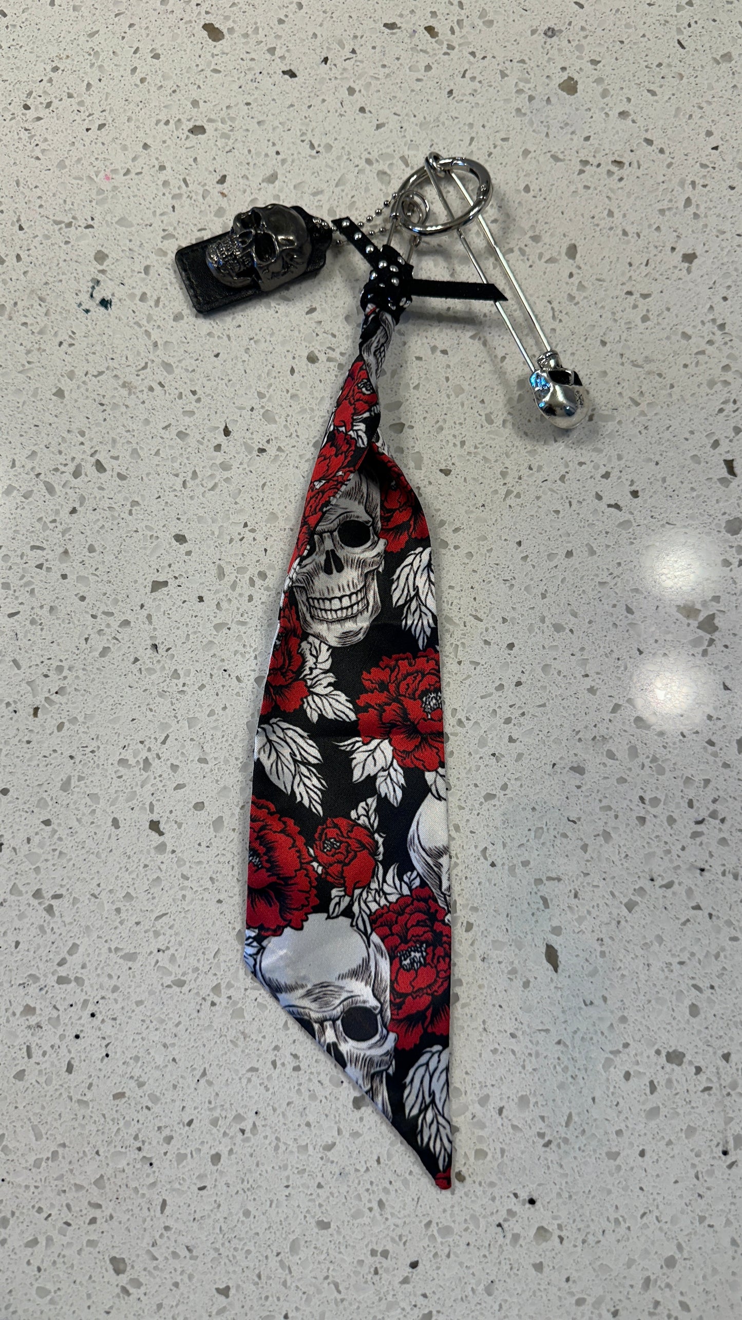 Skull Tag, Silky Twilly Charm, & Skull Safety Pin Bag Charm Cluster