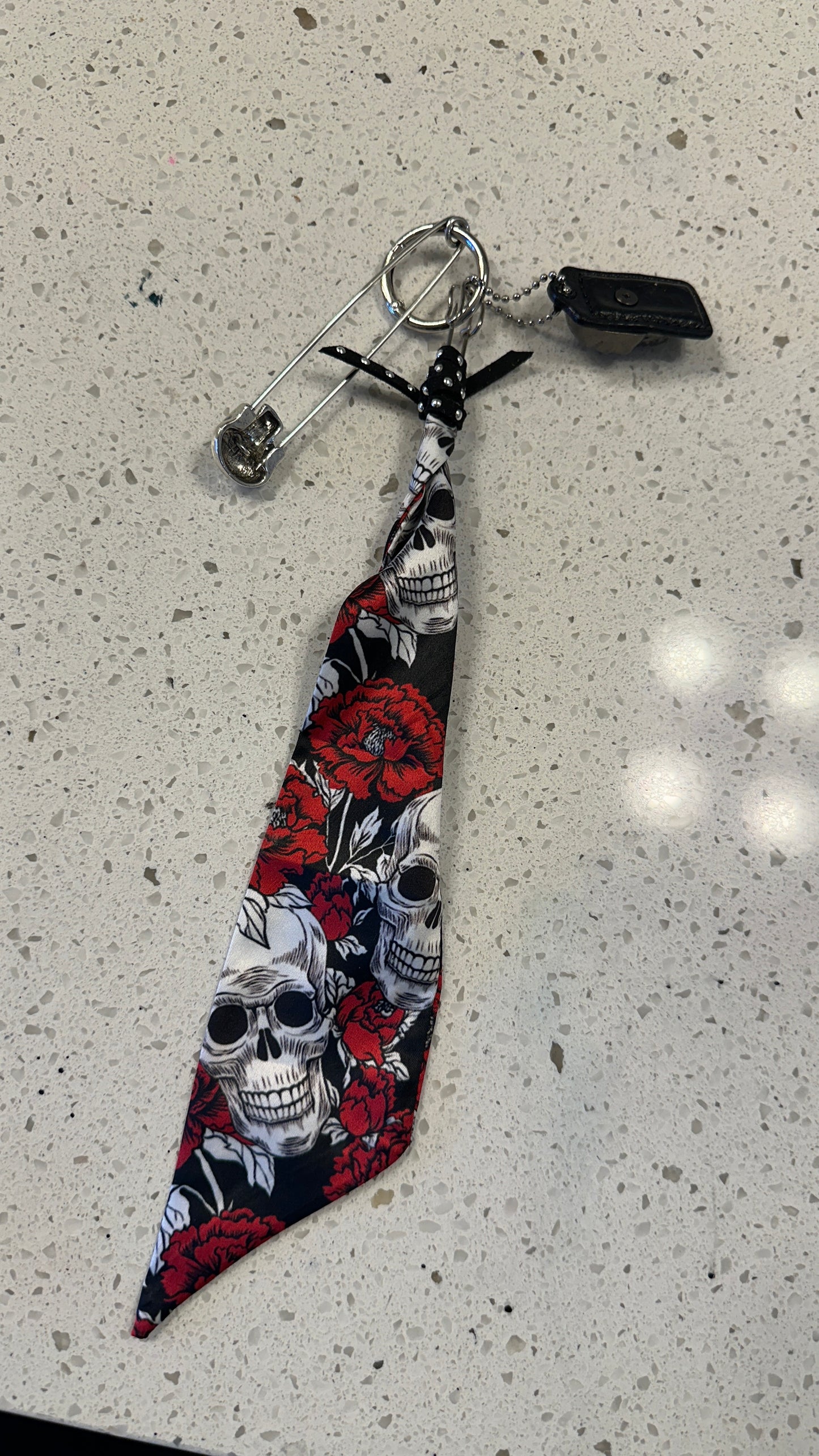 Skull Tag, Silky Twilly Charm, & Skull Safety Pin Bag Charm Cluster