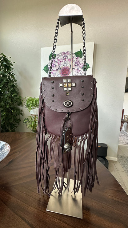 Coach Leather Brown Pyramid Rivets Fringe handbag- Upcrafted