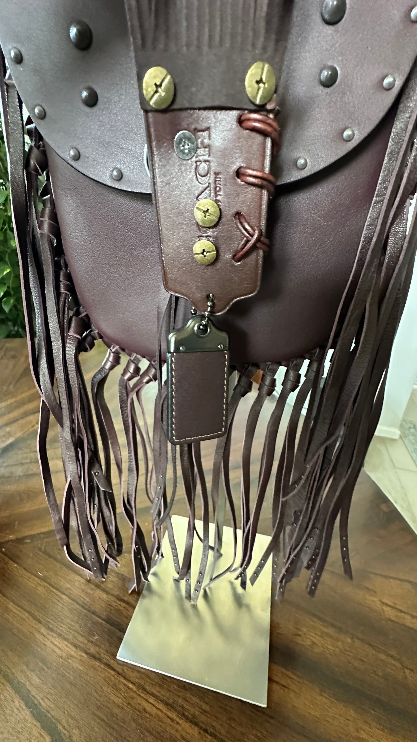 Coach Leather Brown Pyramid Rivets Fringe handbag- Upcrafted