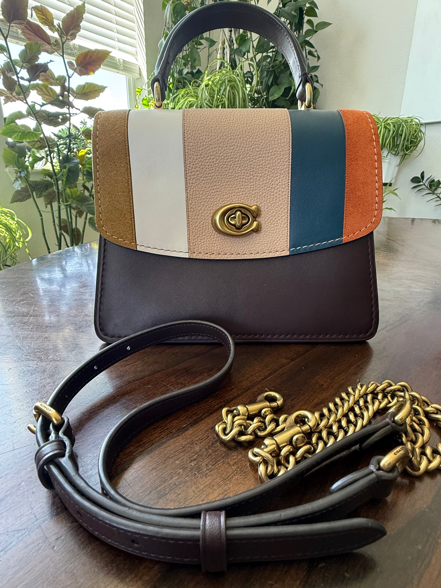 Coach Parker Colorblock Stripe Leather Satchel / Crossbody- Pre-loved