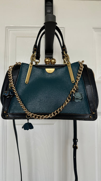 Upcrafted Coach Kisslock Dreamer Bag – Hand Painted Teal Blue Colorblock with Repurposed Coach Details