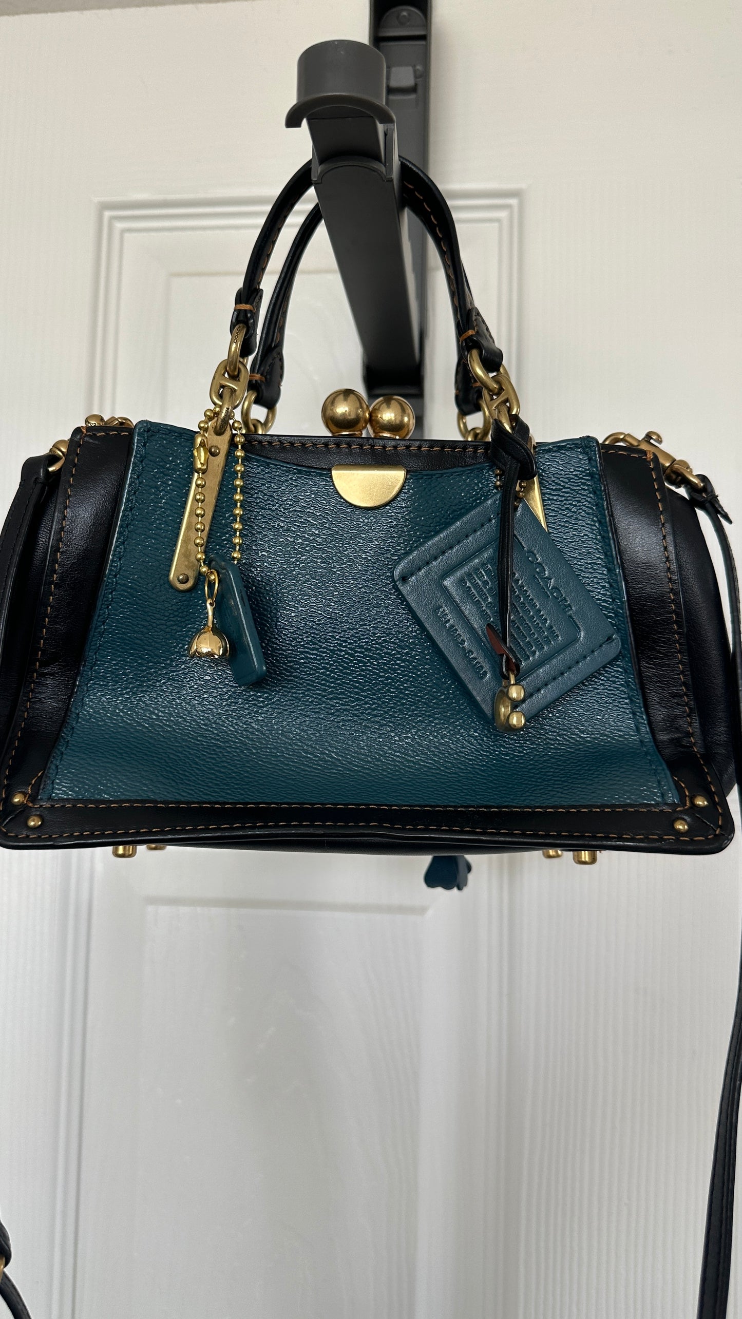 Upcrafted Coach Kisslock Dreamer Bag – Hand Painted Teal Blue Colorblock with Repurposed Coach Details