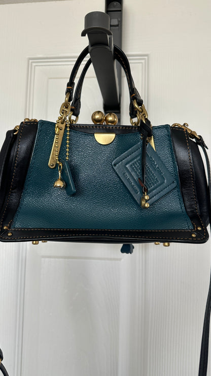 Upcrafted Coach Kisslock Dreamer Bag – Hand Painted Teal Blue Colorblock with Repurposed Coach Details