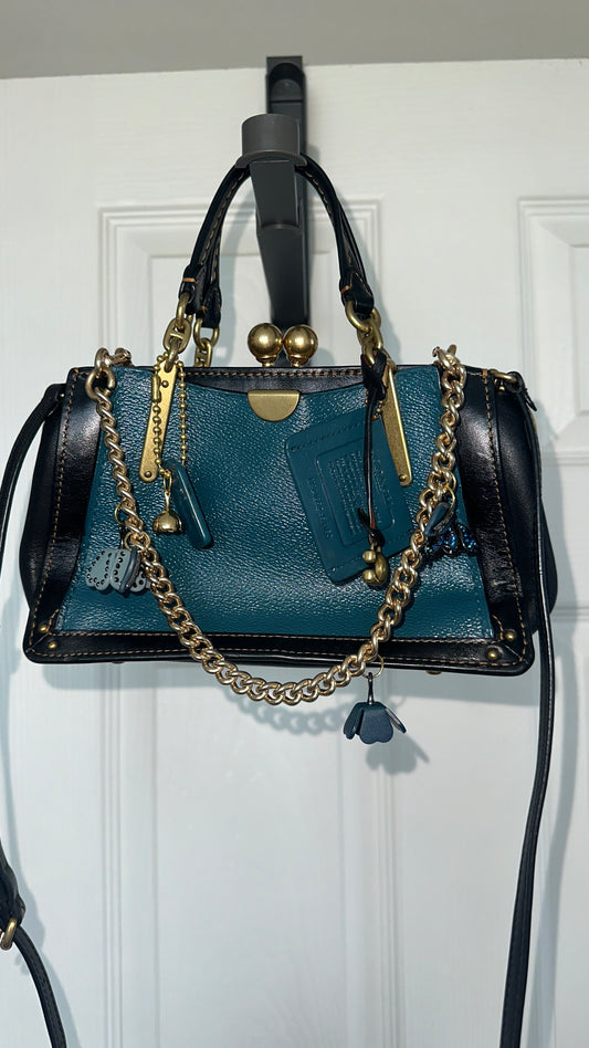 Upcrafted Coach Kisslock Dreamer Bag – Hand Painted Teal Blue Colorblock with Repurposed Coach Details