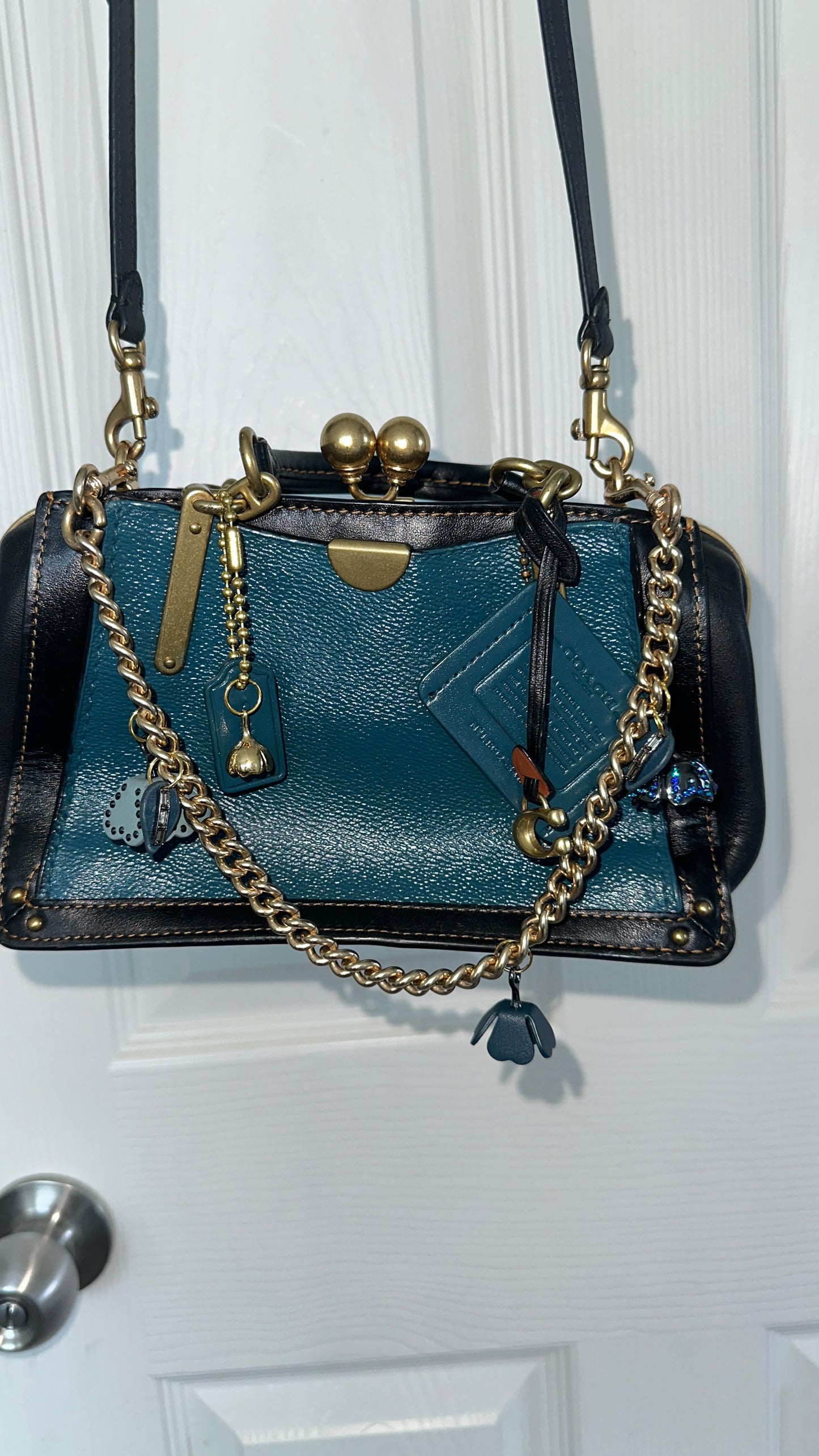 Upcrafted Coach Kisslock Dreamer Bag – Hand Painted Teal Blue Colorblock with Repurposed Coach Details