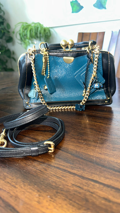 Upcrafted Coach Kisslock Dreamer Bag – Hand Painted Teal Blue Colorblock with Repurposed Coach Details