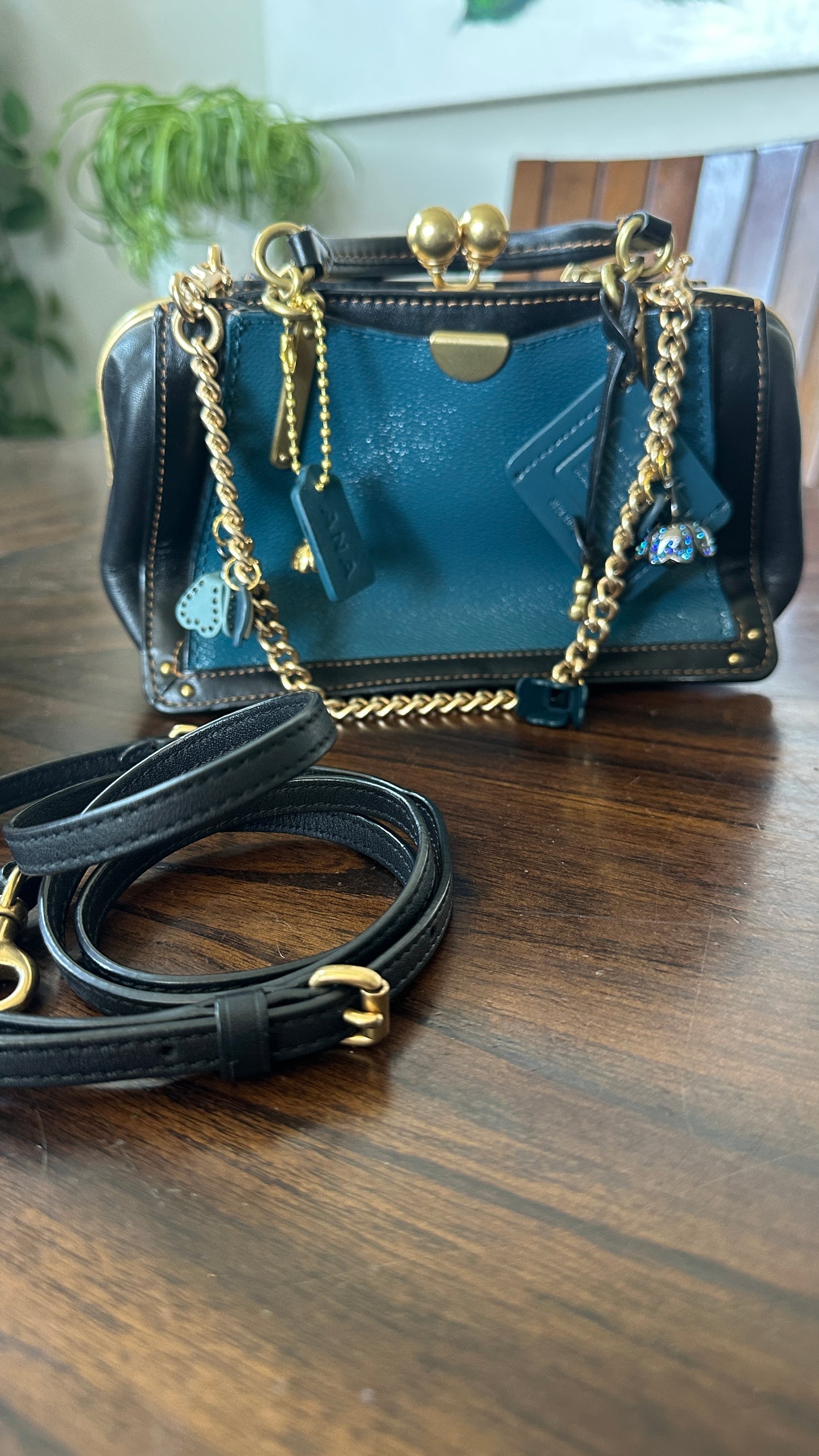 Upcrafted Coach Kisslock Dreamer Bag – Hand Painted Teal Blue Colorblock with Repurposed Coach Details