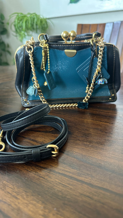 Upcrafted Coach Kisslock Dreamer Bag – Hand Painted Teal Blue Colorblock with Repurposed Coach Details