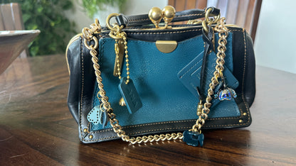 Upcrafted Coach Kisslock Dreamer Bag – Hand Painted Teal Blue Colorblock with Repurposed Coach Details