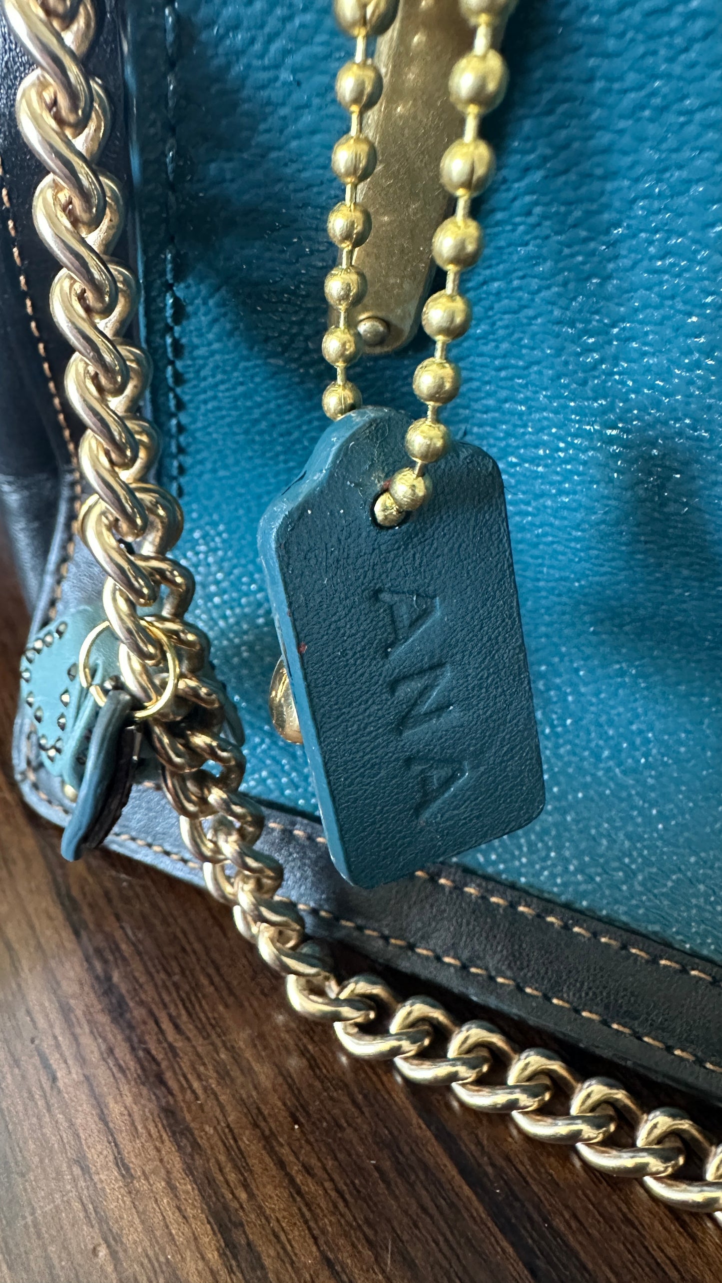 Upcrafted Coach Kisslock Dreamer Bag – Hand Painted Teal Blue Colorblock with Repurposed Coach Details