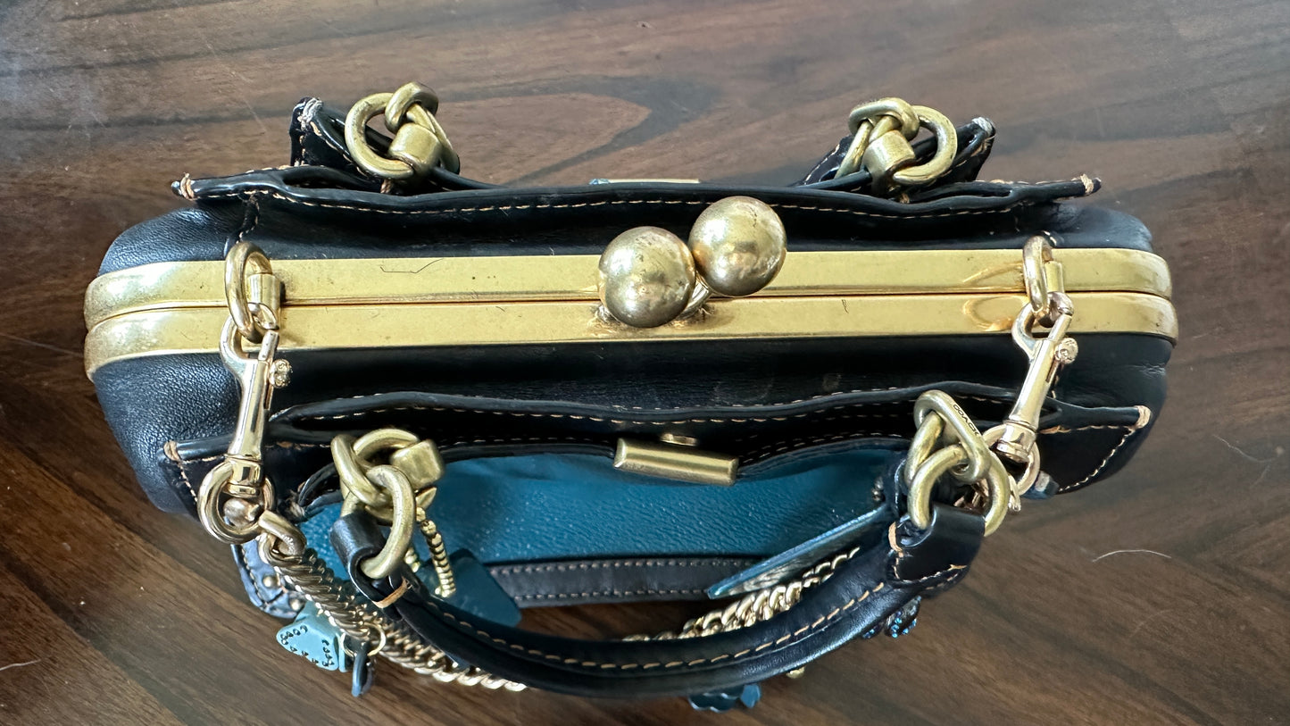 Upcrafted Coach Kisslock Dreamer Bag – Hand Painted Teal Blue Colorblock with Repurposed Coach Details