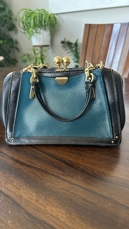 Upcrafted Coach Kisslock Dreamer Bag – Hand Painted Teal Blue Colorblock with Repurposed Coach Details