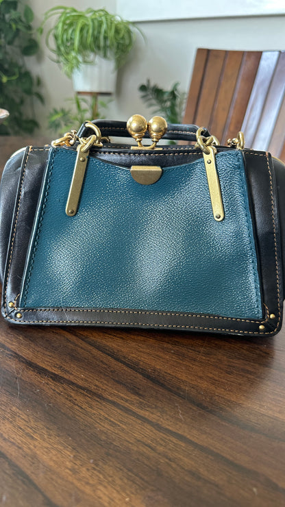 Upcrafted Coach Kisslock Dreamer Bag – Hand Painted Teal Blue Colorblock with Repurposed Coach Details
