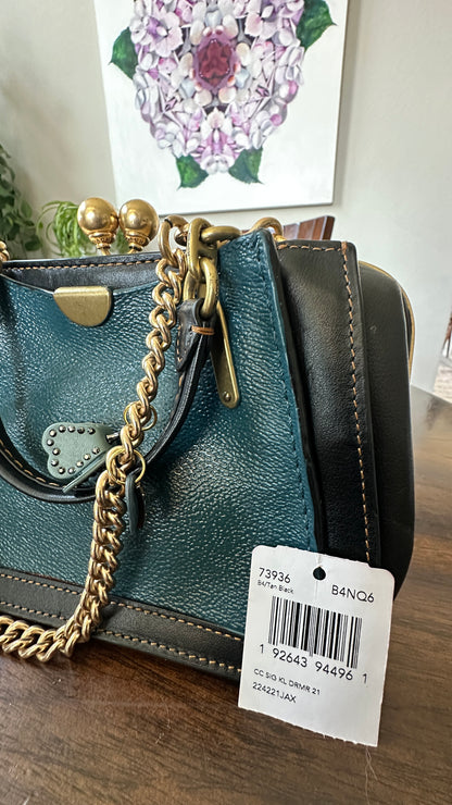 Upcrafted Coach Kisslock Dreamer Bag – Hand Painted Teal Blue Colorblock with Repurposed Coach Details