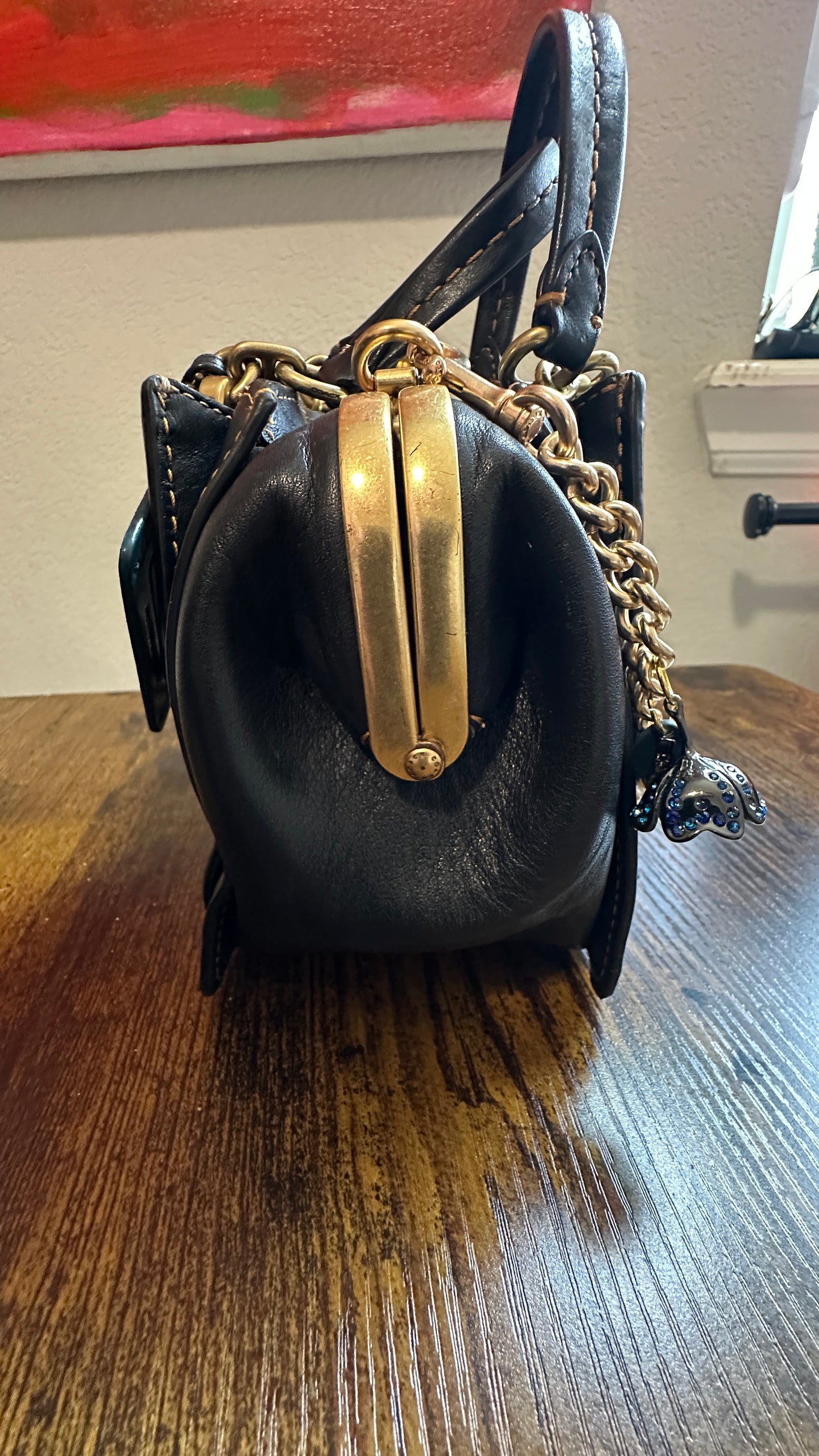 Upcrafted Coach Kisslock Dreamer Bag – Hand Painted Teal Blue Colorblock with Repurposed Coach Details