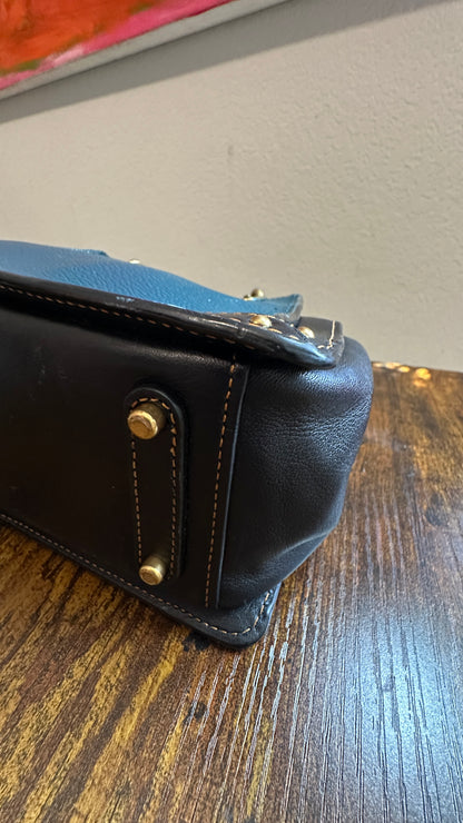 Upcrafted Coach Kisslock Dreamer Bag – Hand Painted Teal Blue Colorblock with Repurposed Coach Details