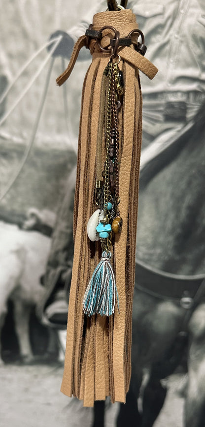 Handmade Tan Leather Western Bag Charm with Brass Hardware & Southwestern Accents