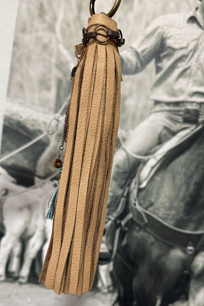 Handmade Tan Leather Western Bag Charm with Brass Hardware & Southwestern Accents
